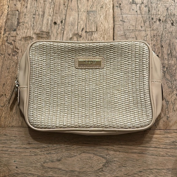 Versace Parfums Cosmetic Bag | Woven Jute Travel Pouch | NWOT Neutral Gold - Picture 1 of 5